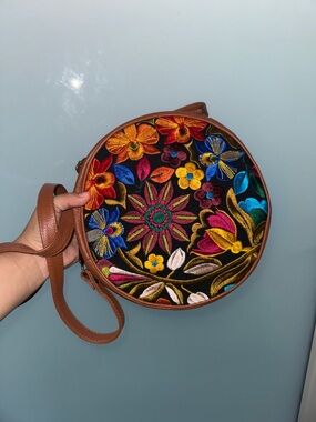 Round Multicolor Floral Embroidered Crossbody Bag - Brown Trim